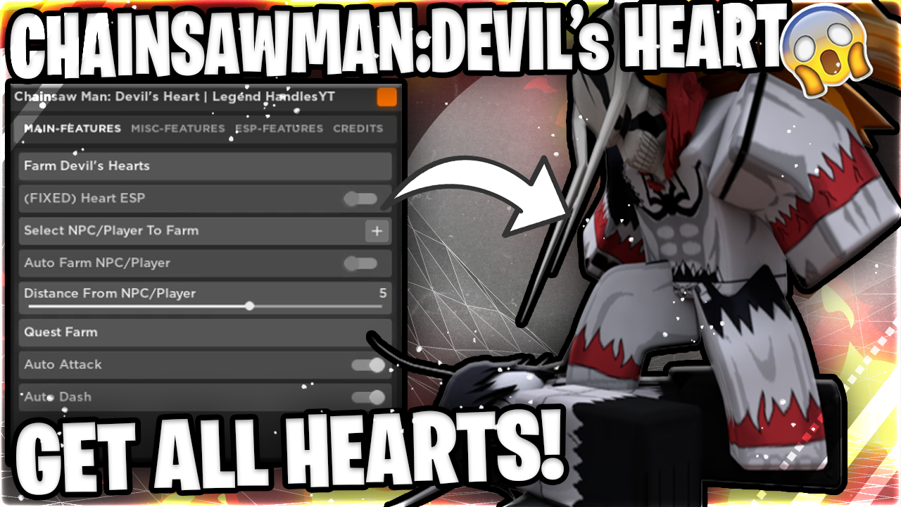 ROBLOX Chainsaw Man: Devil’s Heart Script GUI Hack (INFINITE HEARTS, AUTOFARM, AND MORE) *PASTEBIN*